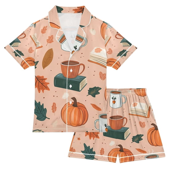 FORMRS Niños Short Sleeve Top and Pants Pajama Set Unisex Satin 2-Piece Sleepwear, Sizes 13-14Y, Pink Fall Coffee