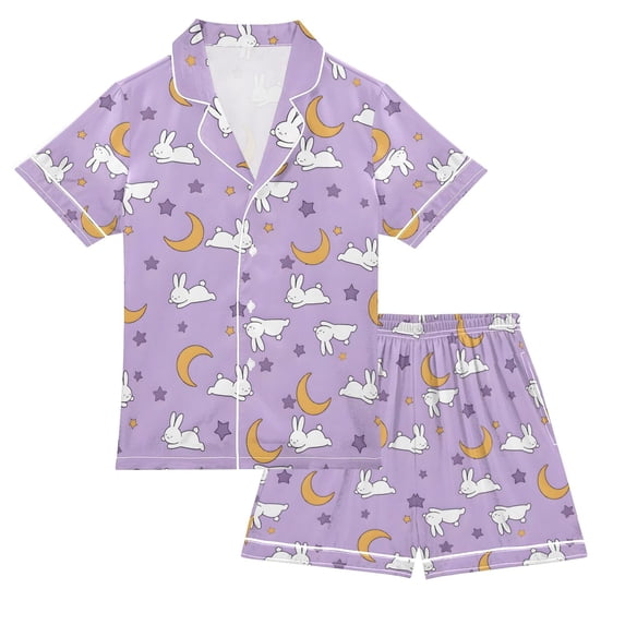 FORMRS Kids Short Sleeve Top and Pants Pajama Set Unisex Satin 2-Piece Sleepwear, Sizes 13-14Y, Purple Cartoon Rabbit Pattern