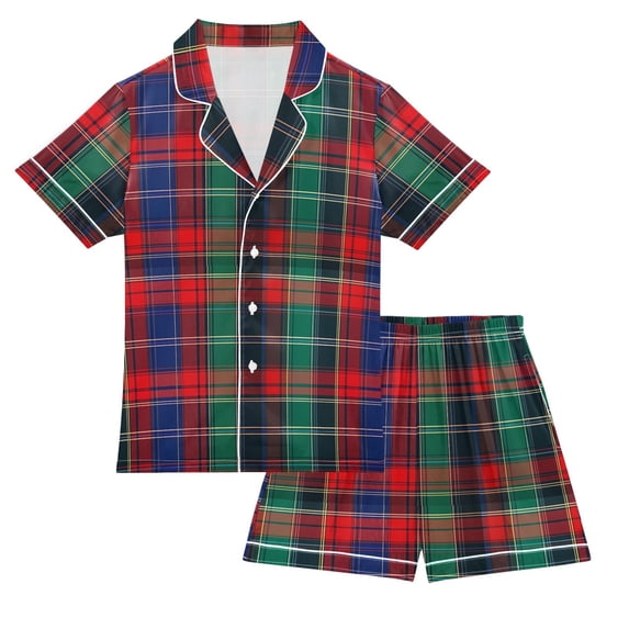 FORMRS Kids Satin Short Sleeve Pajama Set Unisex Top and Pants Soft 2-Piece Sleepwear, Sizes 13-14Y, Red Green Pattern