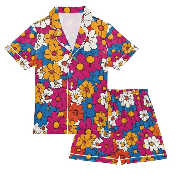 FORMRS Kids Satin Short Sleeve Pajama Set Unisex Top and Pants Soft 2-Piece Sleepwear, Sizes 13-14Y, Red Whimsical Floral