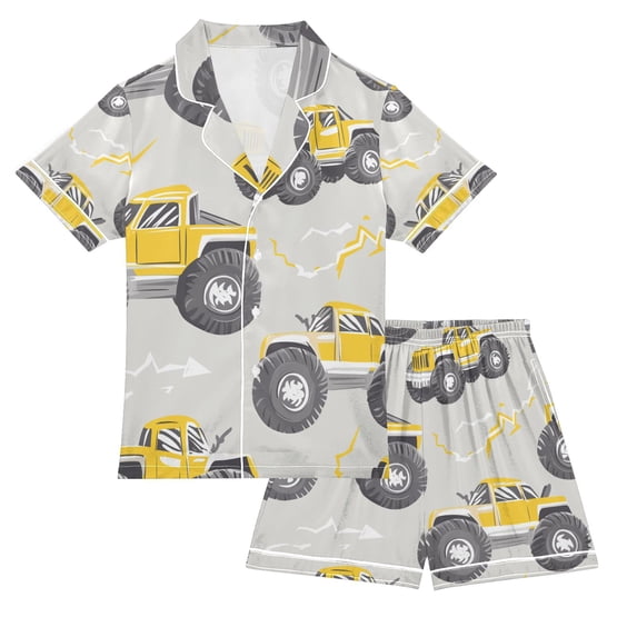 FORMRS Kids Satin Short Sleeve Pajama Set Unisex Top and Pants Soft 2-Piece Sleepwear, Sizes 13-14Y, Trucks Pattern