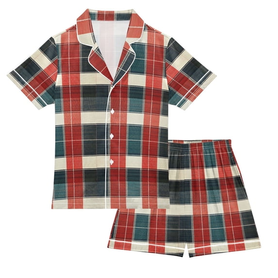 FORMRS Kids Short Sleeve Top and Pants Pajama Set Unisex Satin 2-Piece Sleepwear, Sizes 13-14Y, Vibrant Red Tartan Pattern