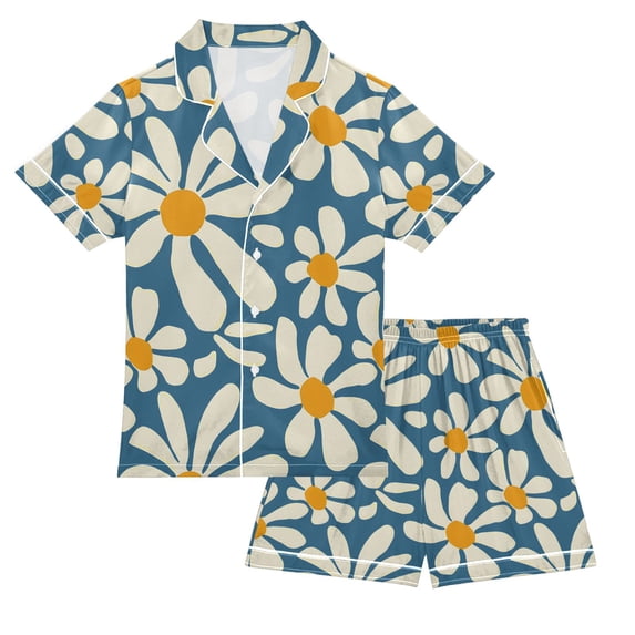 FORMRS Kids Short Sleeve Top and Pants Pajama Set Unisex Satin 2-Piece Sleepwear, Sizes 13-14Y, Whimsy Daisy Pattern