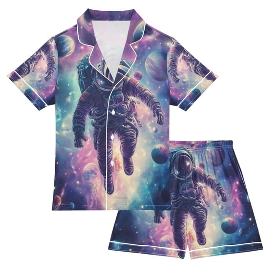 FORMRS Kids Short Sleeve Top and Pants Pajama Set Unisex Satin 2-Piece Sleepwear, Sizes 5-6Y, Astronaut Pattern