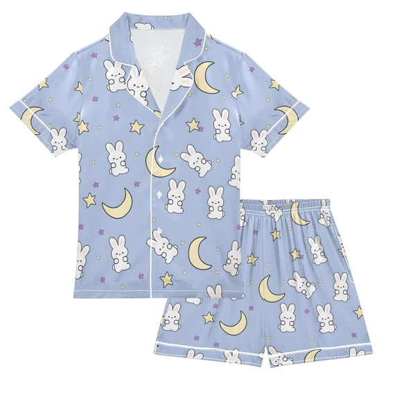 FORMRS Kids Short Sleeve Top and Pants Pajama Set Unisex Satin 2-Piece Sleepwear, Sizes 5-6Y, Blue Cartoon Rabbit Pattern