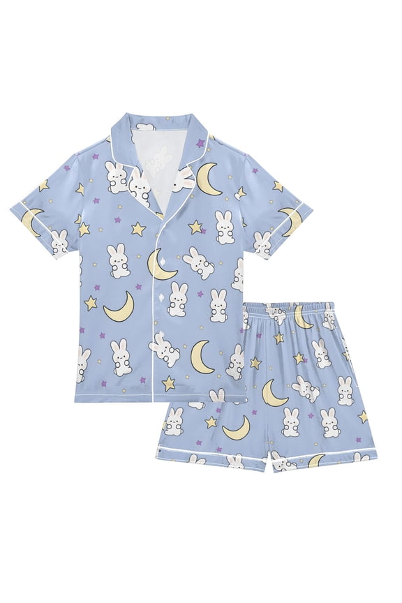 NiƱos Short Sleeve Top and Pants Pajama Set Unisex Satin 2-Piece Sleepwear, Sizes 5-6Y, Blue Cartoon Rabbit Pattern