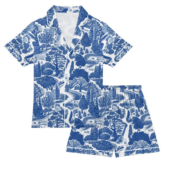 FORMRS Niños Short Sleeve Top and Pants Pajama Set Unisex Satin 2-Piece Sleepwear, Sizes 5-6Y, Blue Garden Pattern