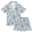 thumbnail image 1 of FORMRS Kids Short Sleeve Top and Pants Pajama Set Unisex Satin 2-Piece Sleepwear, Sizes 5-6Y, Blue Octopus Pattern, 1 of 8