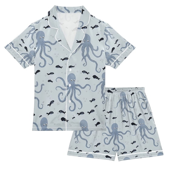 FORMRS Kids Short Sleeve Top and Pants Pajama Set Unisex Satin 2-Piece Sleepwear, Sizes 5-6Y, Blue Octopus Pattern