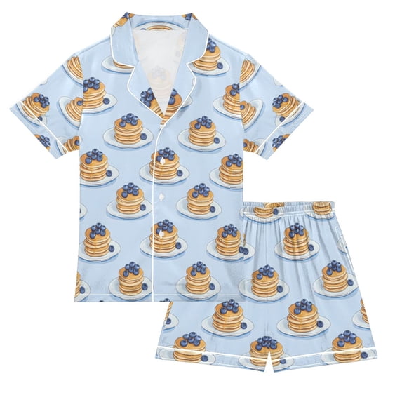 FORMRS Kids Short Sleeve Top and Pants Pajama Set Unisex Satin 2-Piece Sleepwear, Sizes 5-6Y, Blueberry Pancake Pattern