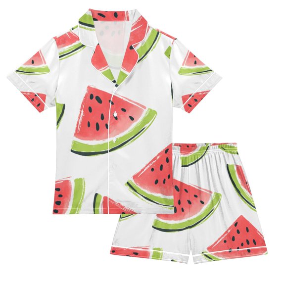 FORMRS Niños Short Sleeve Top and Pants Pajama Set Unisex Satin 2-Piece Sleepwear, Sizes 5-6Y, Cartoon Watermelon