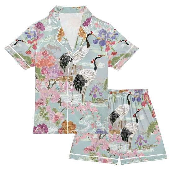 FORMRS Kids Short Sleeve Top and Pants Pajama Set Unisex Satin 2-Piece Sleepwear, Sizes 5-6Y, Colorful Flowers Blossoms