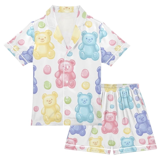 FORMRS Kids Satin Short Sleeve Pajama Set Unisex Top and Pants Soft 2-Piece Sleepwear, Sizes 5-6Y, Colorful Gummy Bears Pattern