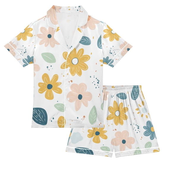 FORMRS Kids Short Sleeve Top and Pants Pajama Set Unisex Satin 2-Piece Sleepwear, Sizes 5-6Y, Cute Floral