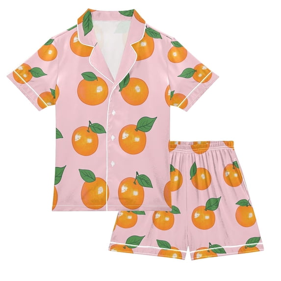 FORMRS Kids Short Sleeve Top and Pants Pajama Set Unisex Satin 2-Piece Sleepwear, Sizes 5-6Y, Cute Oranges