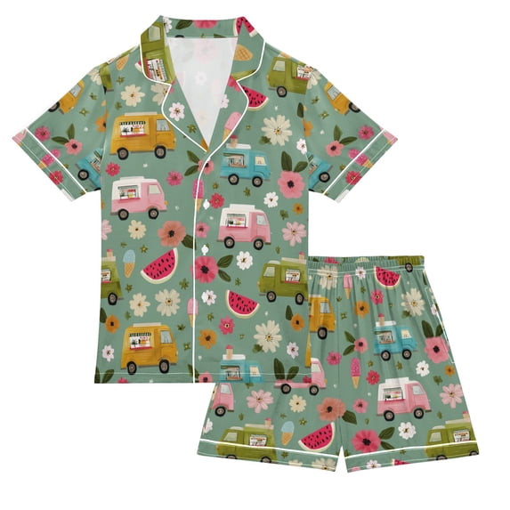 FORMRS Niños Short Sleeve Top and Pants Pajama Set Unisex Satin 2-Piece Sleepwear, Sizes 5-6Y, Green Cartoon Trucks Pattern