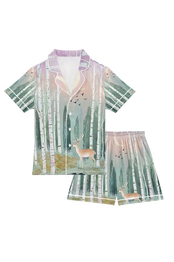 Niños Short Sleeve Top and Pants Pajama Set Unisex Satin 2-Piece Sleepwear, Sizes 5-6Y, Green Deer