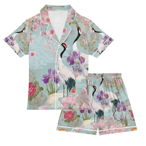 FORMRS Kids Short Sleeve Top and Pants Pajama Set Unisex Satin 2-Piece Sleepwear, Sizes 5-6Y, Green Floral Cranes Pattern