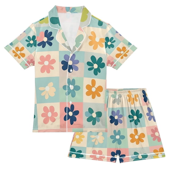FORMRS NiƱos Short Sleeve Top and Pants Pajama Set Unisex Satin 2-Piece Sleepwear, Sizes 5-6Y, Green Floral