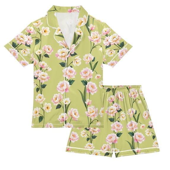 FORMRS Kids Satin Short Sleeve Pajama Set Unisex Top and Pants Soft 2-Piece Sleepwear, Sizes 5-6Y, Green Flowers Pattern