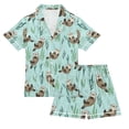 thumbnail image 1 of FORMRS Kids Short Sleeve Top and Pants Pajama Set Unisex Satin 2-Piece Sleepwear, Sizes 5-6Y, Green Otters Pattern, 1 of 8