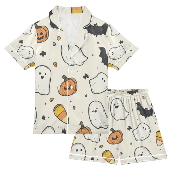 FORMRS Kids Satin Short Sleeve Pajama Set Unisex Top and Pants Soft 2-Piece Sleepwear, Sizes 5-6Y, Halloween Happy Ghosts