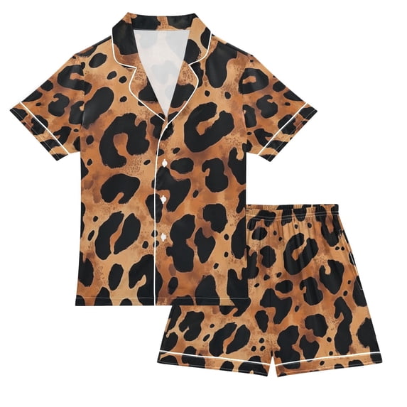 FORMRS Kids Short Sleeve Top and Pants Pajama Set Unisex Satin 2-Piece Sleepwear, Sizes 5-6Y, Leopard Pattern