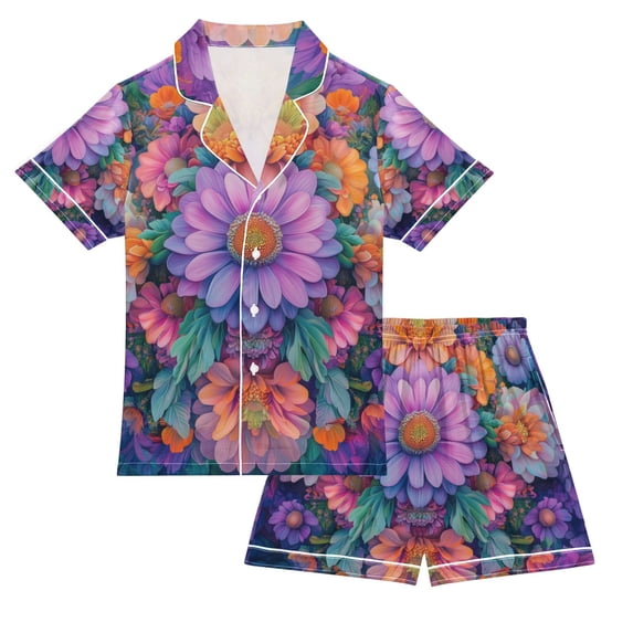 FORMRS Kids Satin Short Sleeve Pajama Set Unisex Top and Pants Soft 2-Piece Sleepwear, Sizes 5-6Y, Light Purple Flowers