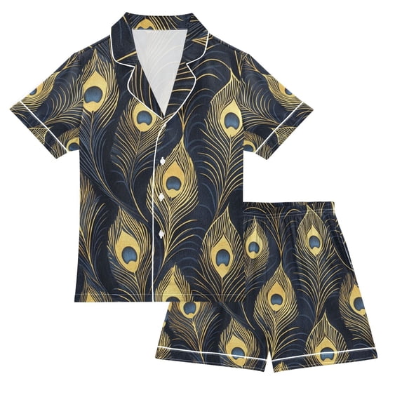 FORMRS Kids Short Sleeve Top and Pants Pajama Set Unisex Satin 2-Piece Sleepwear, Sizes 5-6Y, Peacock Feathers Pattern