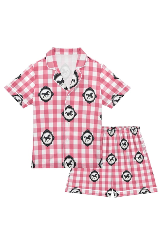 Niños Short Sleeve Top and Pants Pajama Set Unisex Satin 2-Piece Sleepwear, Sizes 5-6Y, Pink Plaid Horse Pattern