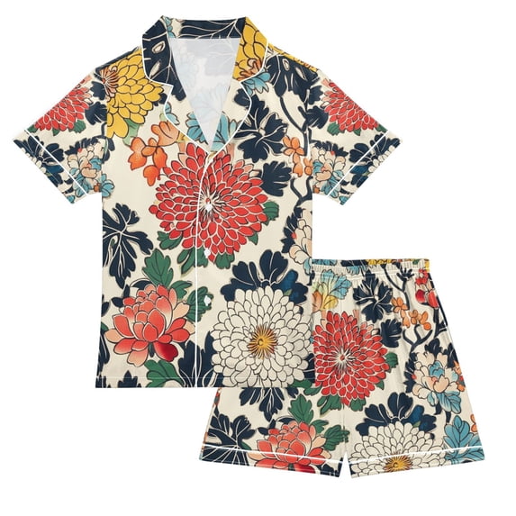 FORMRS Kids Short Sleeve Top and Pants Pajama Set Unisex Satin 2-Piece Sleepwear, Sizes 5-6Y, Red Flowers Pattern