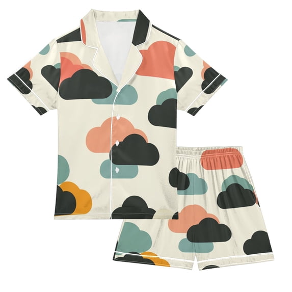 FORMRS Kids Satin Short Sleeve Pajama Set Unisex Top and Pants Soft 2-Piece Sleepwear, Sizes 5-6Y, Simple Clouds