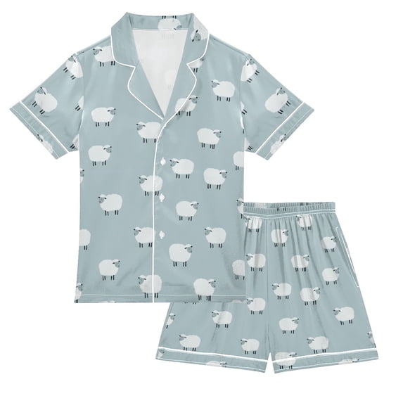 FORMRS Kids Short Sleeve Top and Pants Pajama Set Unisex Satin 2-Piece Sleepwear, Sizes 5-6Y, Simple Sheep Pattern