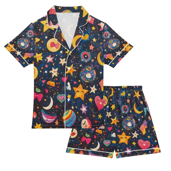 FORMRS Niños Short Sleeve Top and Pants Pajama Set Unisex Satin 2-Piece Sleepwear, Sizes 5-6Y, Small Space Pattern