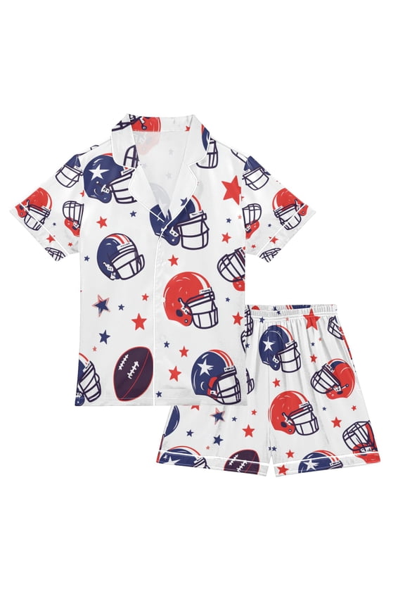 NiƱos Short Sleeve Top and Pants Pajama Set Unisex Satin 2-Piece Sleepwear, Sizes 5-6Y, Star Spangled Helmets