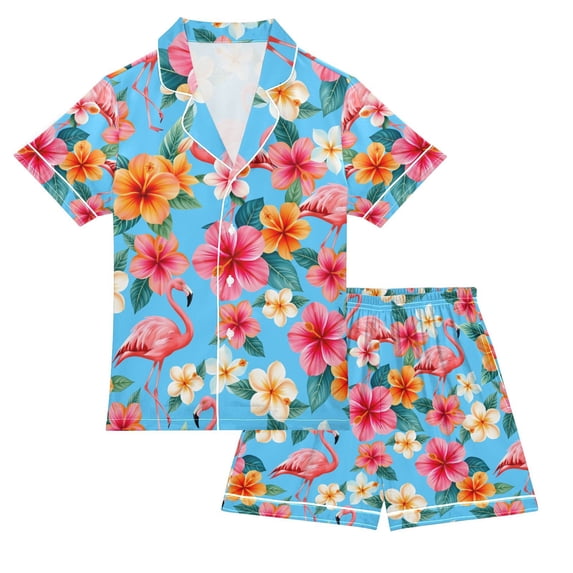 FORMRS Niños Short Sleeve Top and Pants Pajama Set Unisex Satin 2-Piece Sleepwear, Sizes 5-6Y, Tropical Flamingo Pattern