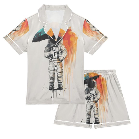 FORMRS Niños Short Sleeve Top and Pants Pajama Set Unisex Satin 2-Piece Sleepwear, Sizes 5-6Y, White Astronaut