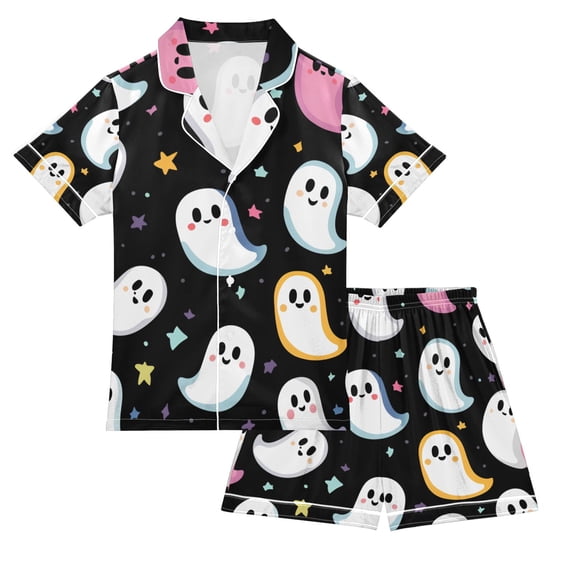 FORMRS Kids Short Sleeve Top and Pants Pajama Set Unisex Satin 2-Piece Sleepwear, Sizes 5-6Y, White Halloween Ghost