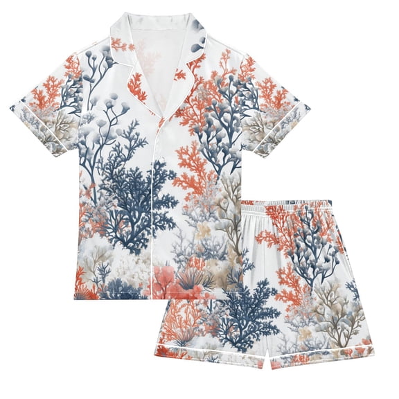 FORMRS Niños Short Sleeve Top and Pants Pajama Set Unisex Satin 2-Piece Sleepwear, Sizes 5-6Y, White Sea Plants