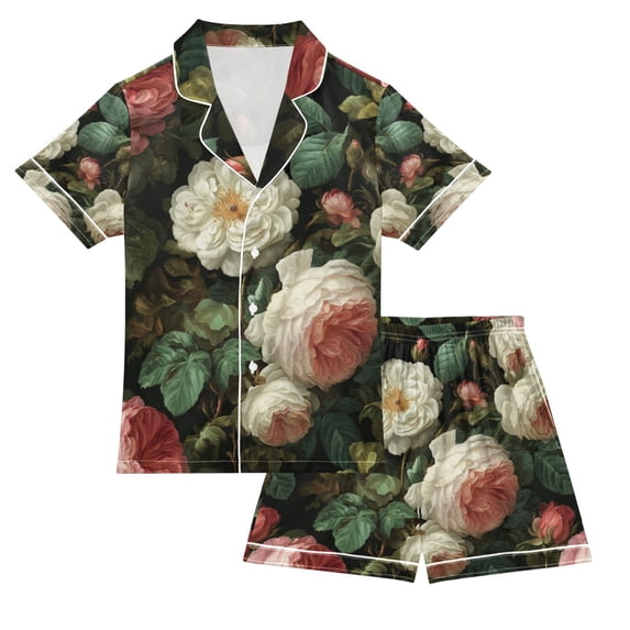 FORMRS Kids Short Sleeve Top and Pants Pajama Set Unisex Satin 2-Piece Sleepwear, Sizes 5-6Y, White and Pink Roses