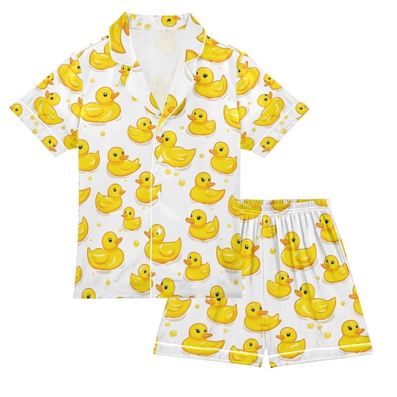 FORMRS Niños Short Sleeve Top and Pants Pajama Set Unisex Satin 2-Piece Sleepwear, Sizes 5-6Y, Yellow Rubber Ducks