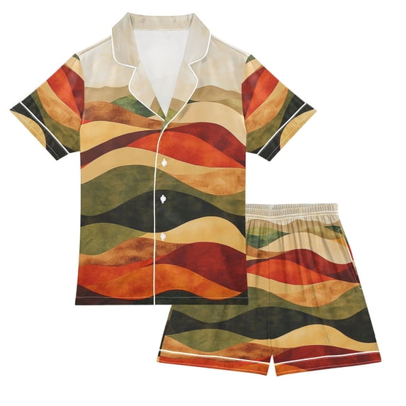 FORMRS Niños Short Sleeve Top and Pants Pajama Set Unisex Satin 2-Piece Sleepwear, Sizes 7-8Y, Abstract Desert Pattern