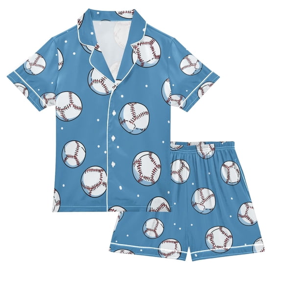 FORMRS Niños Short Sleeve Top and Pants Pajama Set Unisex Satin 2-Piece Sleepwear, Sizes 7-8Y, Baseballs Pattern