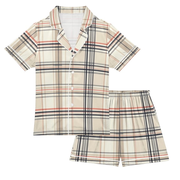 FORMRS Niños Short Sleeve Top and Pants Pajama Set Unisex Satin 2-Piece Sleepwear, Sizes 7-8Y, Beige Plaid Pattern