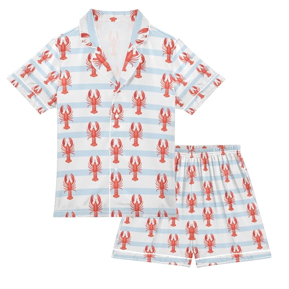 FORMRS Niños Short Sleeve Top and Pants Pajama Set Unisex Satin 2-Piece Sleepwear, Sizes 7-8Y, Blue Stripes Lobster Pattern