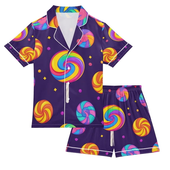 FORMRS Kids Satin Short Sleeve Pajama Set Unisex Top and Pants Soft 2-Piece Sleepwear, Sizes 7-8Y, Candy Carnival