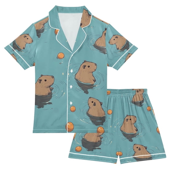 FORMRS Kids Satin Short Sleeve Pajama Set Unisex Top and Pants Soft 2-Piece Sleepwear, Sizes 7-8Y, Cartoon Capybaras