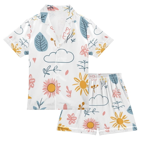 FORMRS Kids Short Sleeve Top and Pants Pajama Set Unisex Satin 2-Piece Sleepwear, Sizes 7-8Y, Cartoon Doodles