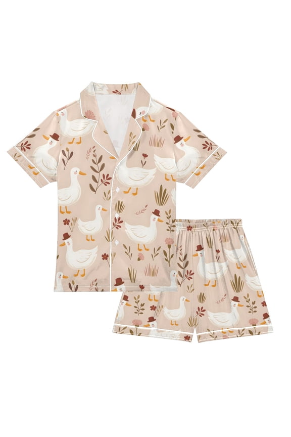 Niños Short Sleeve Top and Pants Pajama Set Unisex Satin 2-Piece Sleepwear, Sizes 7-8Y, Cartoon Goose Pattern