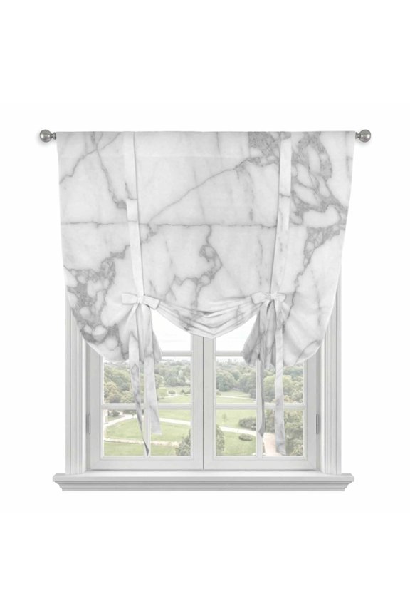 White Gray Tie Up Curtain for Window, Abstract Art Marble Texture Modern Concise Adjustable Tie Up Balloon Curtain Valances Rod Pocket Window Treatment for Kitchen Bathroom Bedroom 52"x63"